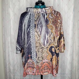 Chicos Paisley Relic Boxy Top Oversized Baroque Rollneck Top Size 2 Large 12 NWT